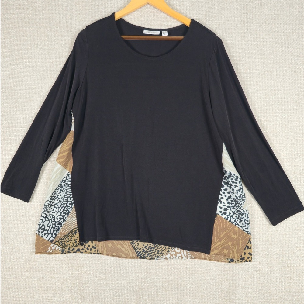 Susan Graver Womens LP Black Mixed Media Animal Print Patchwork Liquid Knit Top